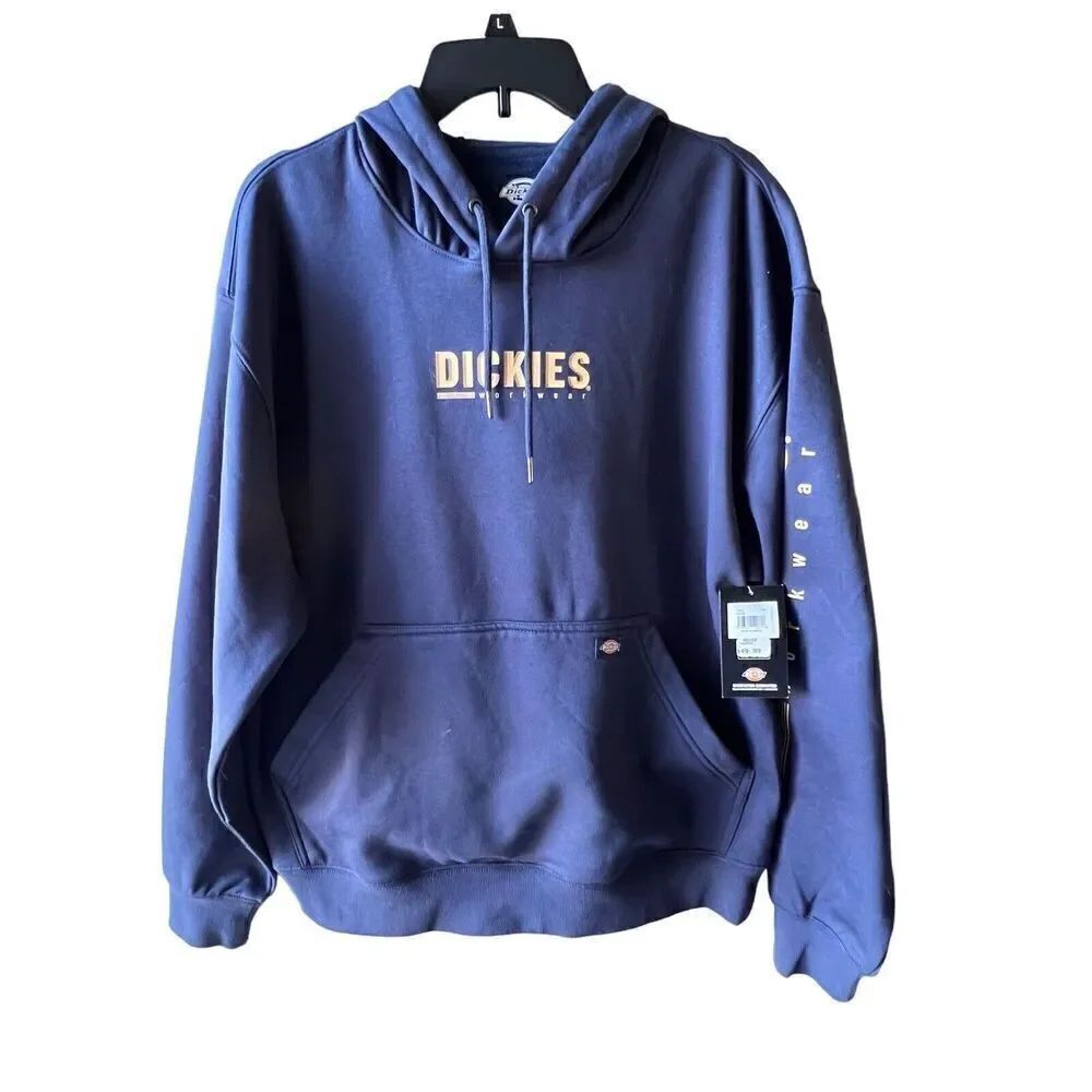 Dickies Men Hoodie Pullover Fleece Water Repellent Navy Blue & Tan Logo Sleeve M